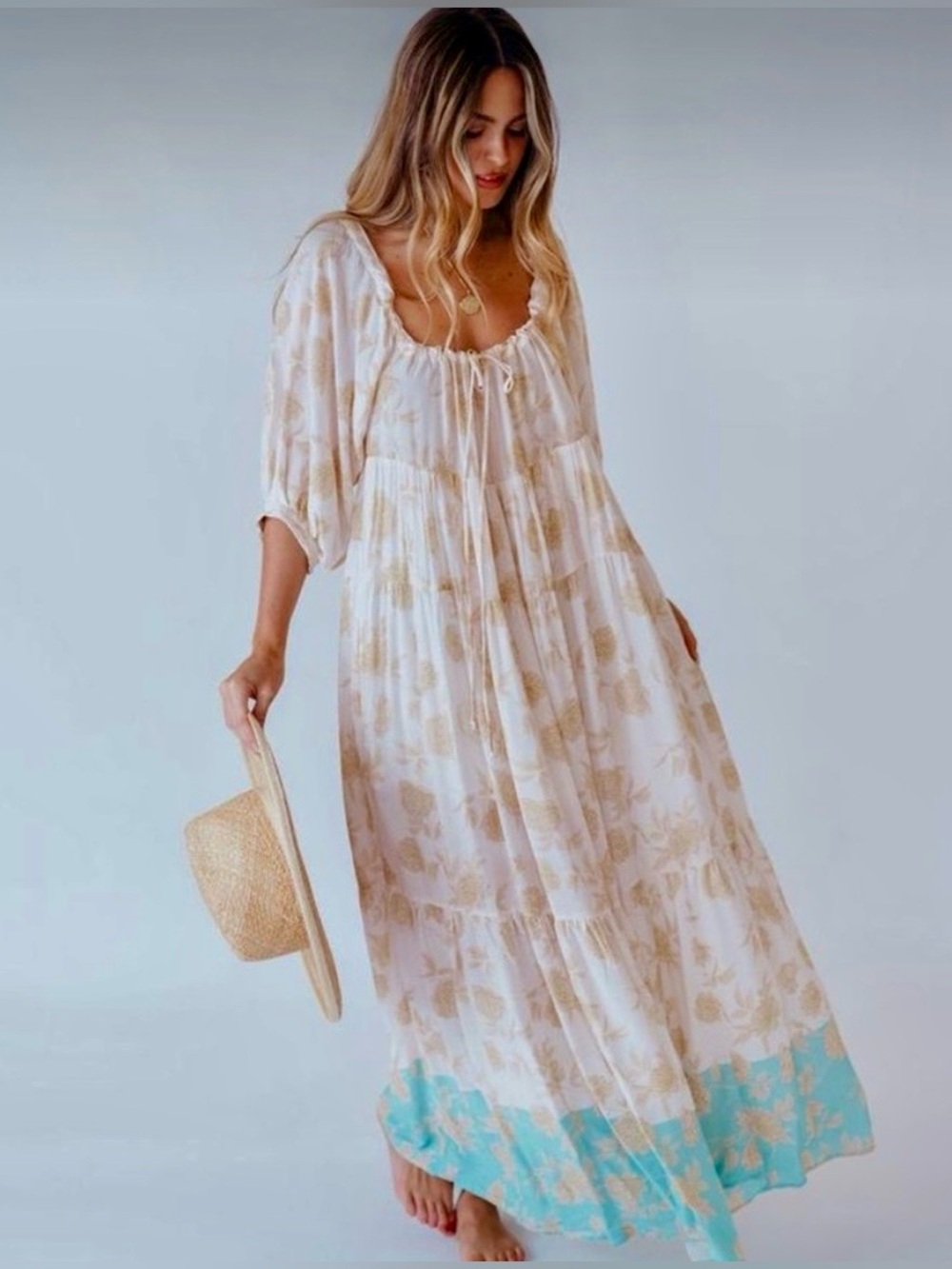 Olivaceous Cream Floral Maxi Dress with Turquoise Hem